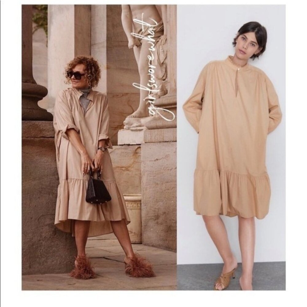 ZARA Tan High Low Ruffle Poplin Dress – Size S‎ (Oversized Fit M/L)